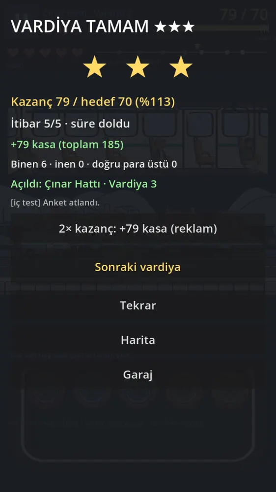 Oyundan ekran: vardiya tamam, üç yıldız